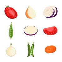 ensemble de demi-légumes. nourriture végétarienne, concept d'alimentation saine. tomate, pois, aubergine, illustration vectorielle de carotte oignon