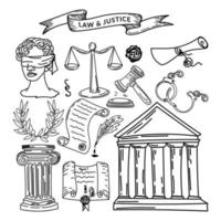 un ensemble de symboles de droit et de justice, un doodle de style croquis dessiné à la main. Justice. Grèce. themis a les yeux bandés. couronne de laurier. balance de la justice. une collection d'éléments de dessin animé adaptés à l'infographie vecteur