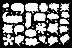 un ensemble de bulles avec des mots de dialogue dessinés à la main dans un style doodle. différentes formes de discours pour les personnages de bandes dessinées. silhouettes blanches sur fond noir. types de discours. illustration vectorielle