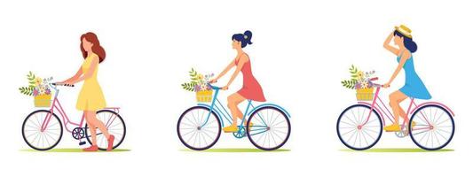 belles filles en vêtements d'été, robes faire du vélo avec un panier de fleurs. promenade d'été, voyage. fleurs, vélo, robe d'été, chapeau. fille est cycliste vecteur