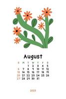 beau calendrier floral - août 2023. modèle vectoriel imprimable botanique. calendrier mensuel avec fleur dessinée à la main.