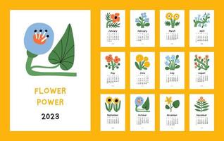 beau calendrier floral - flower power - 2023. modèle vectoriel imprimable botanique. calendrier mensuel avec fleur dessinée à la main pour l'année 2023