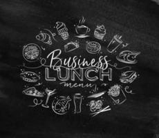 Monogramme de déjeuner d'affaires avec icône de nourriture dessin à la craie sur tableau noir vecteur