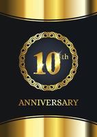 Célébration du 10e anniversaire. modèle de célébration de luxe avec décoration dorée sur fond noir. modèle vectoriel élégant pour carte d'invitation, célébration, cartes de voeux et autres.