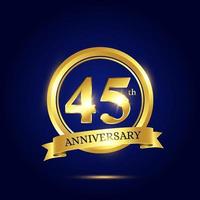 Célébration du 45e anniversaire. modèle de célébration de luxe avec cercle doré et ruban sur fond bleu foncé. modèle vectoriel élégant pour carte d'invitation, célébration, cartes de voeux et autres.