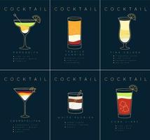 ensemble d'affiches de cocktails plats margarita, tequila sunrise, pina colada, cosmopolite, russe blanc, dessin cuba libre sur fond bleu foncé vecteur