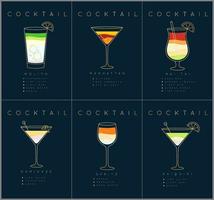 ensemble d'affiches de cocktails plats mojito, manhattan, mai tai, kamikaze, spritz, daiquiri dessinant sur fond bleu foncé vecteur