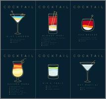 ensemble d'affiches de cocktails plats blue lagoon, bloody mary, sea breese, gin and tonic, dry martini dessin sur fond bleu foncé