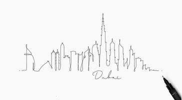 silhouette de la ville de dubaï dans un dessin de style stylo avec des lignes noires sur fond blanc vecteur