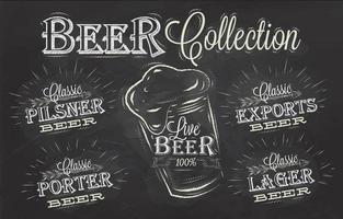 noms des différents types de porteurs de bière, exportations, lager, cerfs vivants, pilsner, dessin stylisé à la craie sur tableau noir