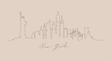 silhouette de la ville new york en dessin de style stylo avec des lignes brunes sur fond beige vecteur