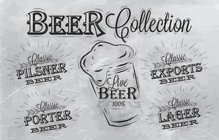 noms de différents types de porteurs de bière, exportations, lager, cerfs vivants, pilsner, dessin stylisé avec du charbon sur le tableau noir