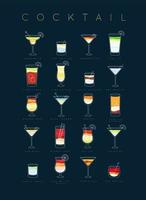 affiche menu de cocktails plats avec verre, recettes et noms de cocktails boissons dessinant sur fond bleu foncé vecteur