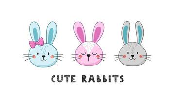 visages de lapin mignon avec texte. petits lapins en style cartoon. illustration vectorielle.
