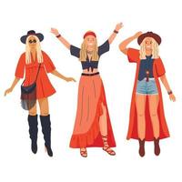 ensemble de trois personnages de jeunes femmes en tenues d'été. Ensemble de mode de style boho-chic pour les jeunes femmes. tenues à la mode. illustration vectorielle