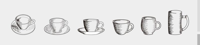 tasse à café et verres dessinés à la main ensemble pour bar ou café icône illustrations logo - tasse à café et verres silhouette symbole dessiné à la main vecteur