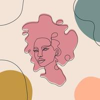 silhouette féminine en ligne continue. visage de femme minimal avec des taches de couleur abstraites. illustration créative dans le style d'art en ligne. vecteur