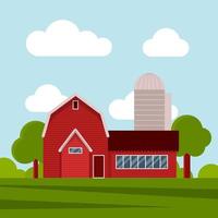 maison de campagne sur un pré vert, construction agricole. illustration vectorielle plane sur un fond de ciel bleu avec des nuages vecteur
