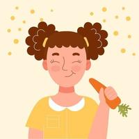 jolie fille souriante mangeant des carottes. collation scolaire, alimentation saine, régime végétal, vitamines pour les enfants. illustration de stock de dessin animé vecteur plat