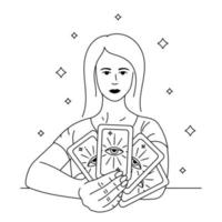 belle femme prophétesse tenant des cartes de tarot. contour noir illustration vectorielle.