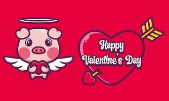 cochon mignon étreignant un coeur avec les salutations de la saint valentin vecteur