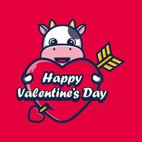 vache mignonne étreignant un coeur avec les salutations de la saint valentin vecteur