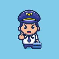 pilote mignon tenant le vecteur premium de dessin animé de valise