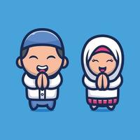 mignon garçon musulman et fille célébrant l'illustration vectorielle de dessin animé eid mubarak, personnage de dessin animé de mascotte du ramadan vecteur