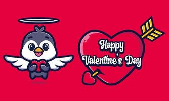 pingouin mignon étreignant un coeur avec les salutations de la Saint-Valentin vecteur