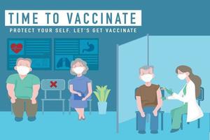 médecin injectant le vaccin contre le coronavirus à un patient, les personnes portant un masque gardent la distance lorsqu'elles sont assises dans la file d'attente, attendant les médecins. salle d'attente de la réception de l'hôpital ou de la clinique.