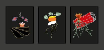ensemble de trois art mural avec illustration de plantes ornementales vecteur