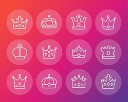 ensemble d'icônes de ligne de couronnes, royauté, roi, monarque, souverain, reine, couronne de princesse