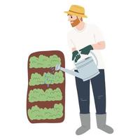 jeune homme arrosant le jardin avec arrosoir. le personnage de l'agriculteur masculin aime le jardinage et la plantation, illustration vectorielle plate. vecteur