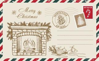 courrier de noël, carte postale, illustration dessinée à la main. vecteur