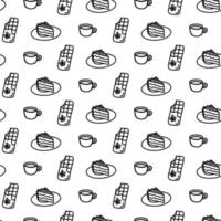 modèle sans couture dessiné à la main de vecteur avec différentes icônes de cuisine isolés sur fond blanc. doodle cup, mug, chocolate, cake wrap dans le style d'art en ligne pour un décor de café. coloriage adulte et enfant