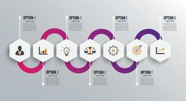 modèle de conception infographique et icônes marketing. modèle de diagramme, graphique, présentation et tableau rond. concept d'entreprise avec 7 options, pièces, étapes ou processus. visualisation de données. vecteur