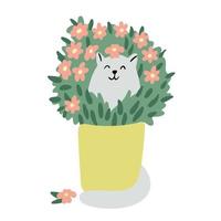 chat avec une plante d'intérieur. buisson luxuriant à fleurs roses. plante de jardin dans un pot de fleurs. illustration vectorielle dessinée à la main sur fond blanc. style plat. animal de compagnie drôle. vecteur