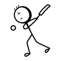 bonhomme allumette tenant une batte, icône dessinée à la main du joueur de cricket vecteur