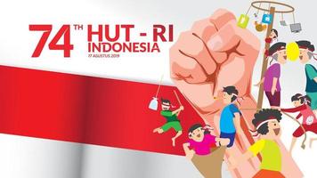 17 août. indonésie carte de voeux joyeux jour de l'indépendance avec les mains serrées et les jeux traditionnels. symbole de l'esprit de liberté. utiliser pour la bannière et l'arrière-plan. - vecteur