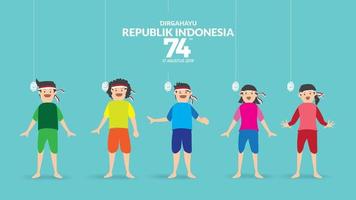jeux traditionnels indonésiens pendant le jour de l'indépendance, craquelin mangeant la compétition les uns les autres. célébration de la liberté. - vecteur