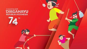 jeux traditionnels indonésiens pendant le jour de l'indépendance, escalade de la noix d'arec ou du poteau graisseux, manger des craquelins, course d'œufs et de cuillères, tir à la corde, course à l'intérieur du sac joyeusement. célébration de la liberté. - vecteur