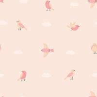 modèle sans couture avec de jolis oiseaux roses et des nuages sur fond beige. illustration vectorielle simple enfantine pour le design, le tissu et les textiles. vecteur