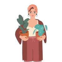 une jeune femme se tient debout et tient des pots de fleurs dans ses mains. portrait d'une femme avec des accessoires et dans des vêtements modernes le concept d'amour pour les plantes et les loisirs à la maison. vecteur
