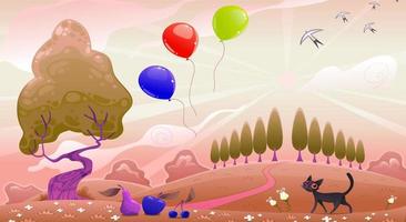 les ballons volent et un chat marche sur une illustration vectorielle de champ gratuitement vecteur