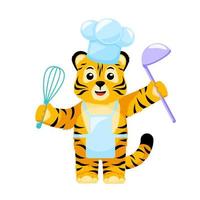 petit chef tigre avec fouet et louche isolé. casquette de cuisinier de tigre rayé de dessin animé de personnage mignon.