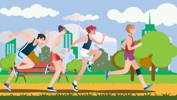 des hommes vêtus de vêtements de sport courant une course de marathon. personnages de dessins animés plats isolés sur fond. illustration vectorielle vecteur