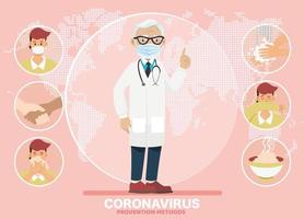 préventions des coronavirus. le médecin explique les infographies, porte un masque facial, se lave les mains, mange des aliments chauds et évite d'aller dans les endroits à risque. illustration vectorielle. idée pour l'épidémie de coronavirus et les préventions. vecteur