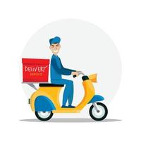 livreur sur une illustration de scooter jaune. livreur de nourriture, illustration vectorielle vecteur