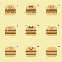 personnage de dessin animé kawaii burger - ensemble de modèles vectoriels mignons d'illustrations de mascotte. images cadeaux de burger, souriant, s'amusant. émoticônes, bonheur, émotions, attraction, fou rire, surprise vecteur