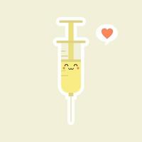 seringue mignonne et kawaii. conception d'icône d'illustration de personnage de dessin animé plat de vecteur. seringue, concept de vaccin médical. peut utiliser pour l'affiche, l'élément, la mascotte, l'emoji, l'émoticône pour le virus, le virus corona covid-19 vecteur